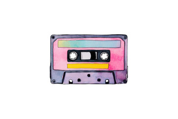 Obraz premium Watercolor Illustration Of A Retro Cassette Tape With Pink Blue And Yellow Accents On A Transparent Background