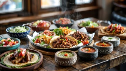 Obraz premium Traditional taco spread with seasoned beef, fresh toppings, and authentic salsas in rustic molcajetes on wooden table with natural lighting