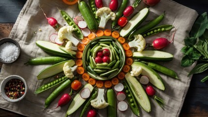 Fresh vegetable arrangement displayed in circular mandala pattern with colorful produce on rustic linen cloth photographed from above