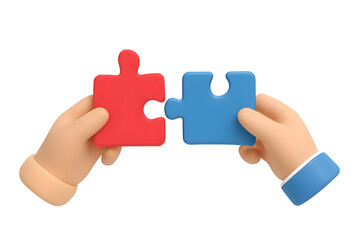 Two cartoon hands are connecting a red and a blue jigsaw puzzle piece together perfectly.