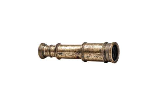 Horizontal View Of A Weathered Brass Telescope With A Black Eyepiece Positioned On A Transparent Background To Isolate