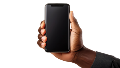 Hand holding a blank smartphone screen for business communication isolated on white background.