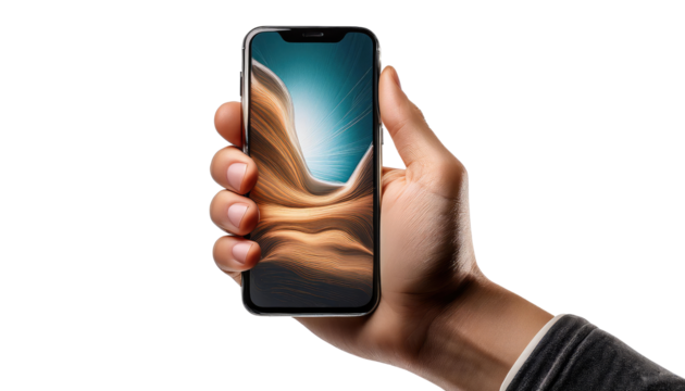 Hand holding a blank smartphone screen for business communication isolated on white background.