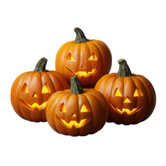 Four glowing carved halloween pumpkins arranged together isolated on transparent background