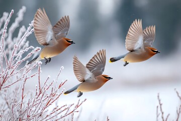 Bohemian waxwings flying over snowy landscape in winter