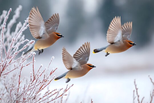 Bohemian waxwings flying over snowy landscape in winter