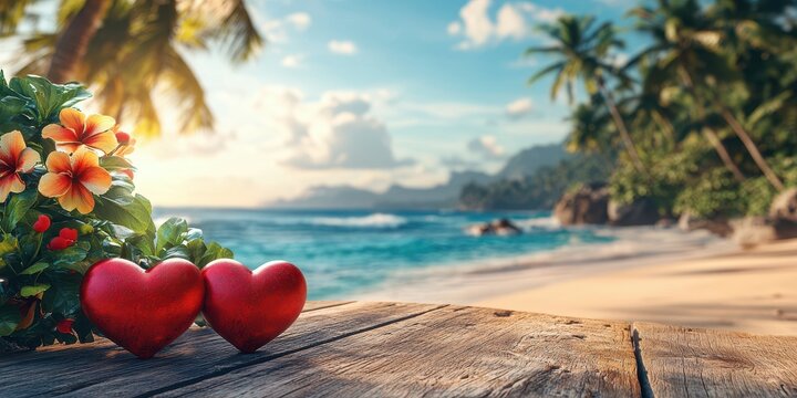 Tropical beach setting with romantic heart decorations and vibrant flowers during sunset - Powered by Adobe