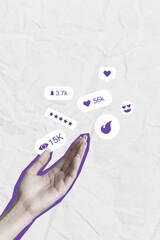 Hand holding social media icons with engagement metrics on a textured background displaying...