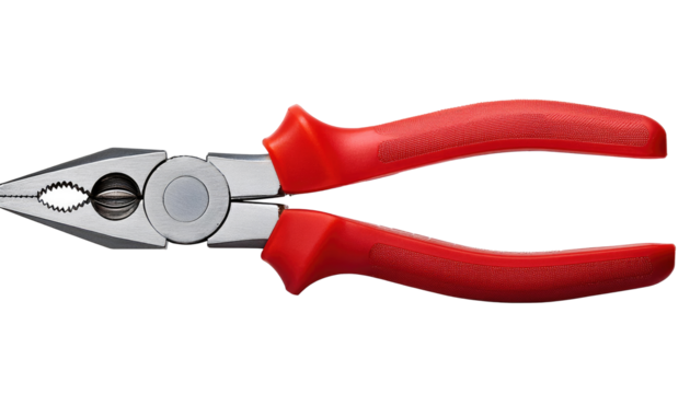 Red  handled steel pliers, a versatile work tool, are isolated on a white background.