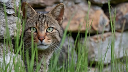 European wildcat hiding in the grass by a stone wall