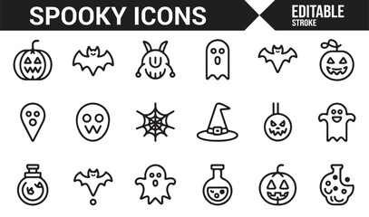 Spooky Halloween Icons Including Ghosts, Pumpkins, Bats, and Witch Hats for Fall Design Themes