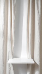 White Shelf Display with Cream Fabric Curtains