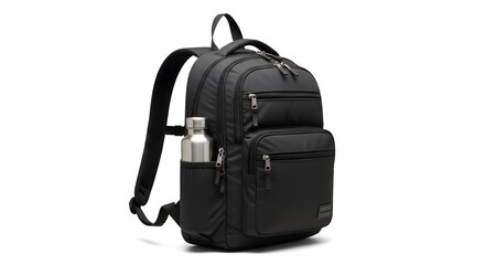 Naklejka premium Black backpack with water bottle on white background