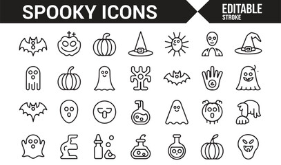 Fototapeta premium Spooky and Eerie Icons for Halloween Featuring Ghosts, Pumpkins, Bats, and More