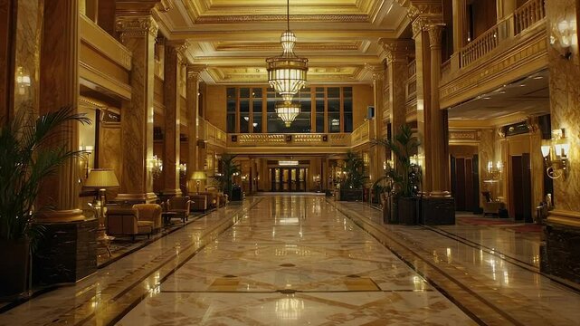 Grand hotel lobby with gold accents, marble floors, and plush seating