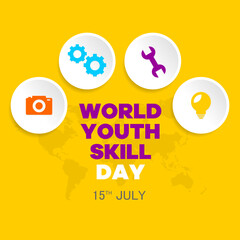 Flat design illustration for World Youth Skills Day with colorful icons on a yellow background, symbolizing youth creativity and skill development.