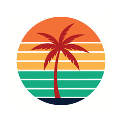 retro vintage sunset under ocean mist with palm tree