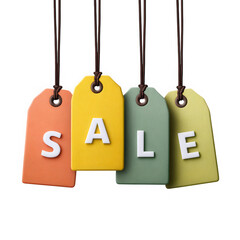 Colorful sale tags hanging together with letters forming the word sale isolated on transparent background