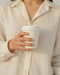 Woman's Hand Holding Blank White Disposable Coffee Cup
