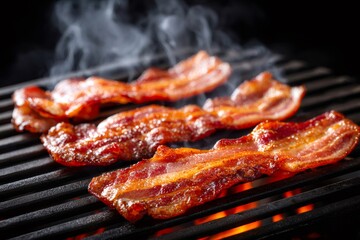Delicious crispy bacon grilling on a hot grill