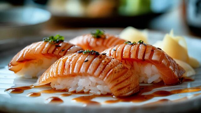 Freshly prepared sushi featuring salmon slices on rice, garnished with herbs and served with pickled ginger, showcasing culinary artistry and vibrant presentation