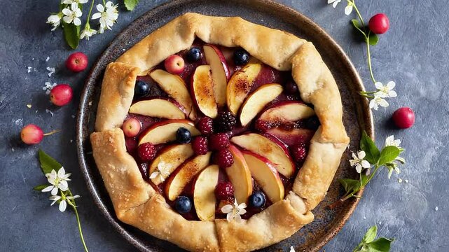 Freshly baked fruit galette with vibrant berries and apple slices arranged beautifully on a rustic plate, surrounded by delicate flowers and colorful fruits