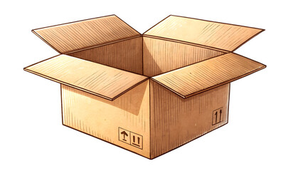 A neatly illustrated open cardboard box with flaps, brown tones, light shadow under, on transparent background.