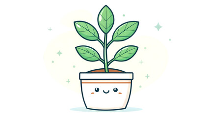 A cute small plant in a ceramic pot with green leaves, minimalistic flat design, transparent background.