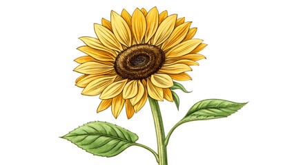 Hand-drawn sunflower with thick outline, bright yellow petals, simple brown center, PNG with transparent background.