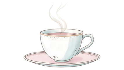 A clean, minimalistic tea cup with gentle steam rising, transparent background, soft pastel color handle.