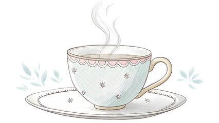 A clean, minimalistic tea cup with gentle steam rising, transparent background, soft pastel color handle.
