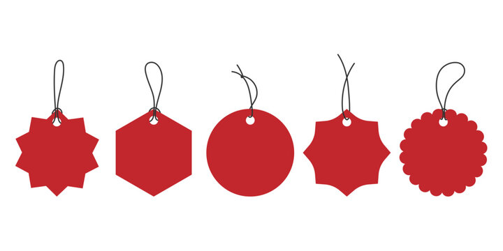 Set of red blank price tags in various geometric shapes with strings, isolated on white. Minimal vector hanging labels. Perfect for sale, discount, gift tag, branding template, packaging, promotion
