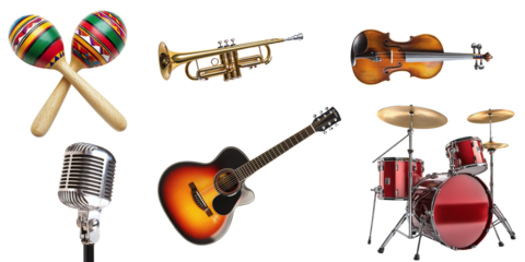 Set of musical instruments isolated on transparent background PNG. Guitar, violin, trumpet, microphone, maracas, drum