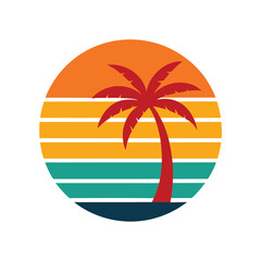 retro vintage sunset with waves crashing near palm trees
