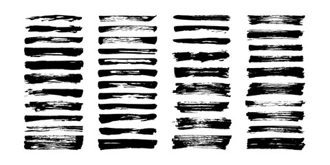 Hand drawn collection of wide abstract ink lines and brush strokes. Grunge set of graphic illustrations for banner template, various design projects. Vector elements isolated on white background.