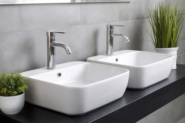 Modern bathroom design with dual sinks and greenery