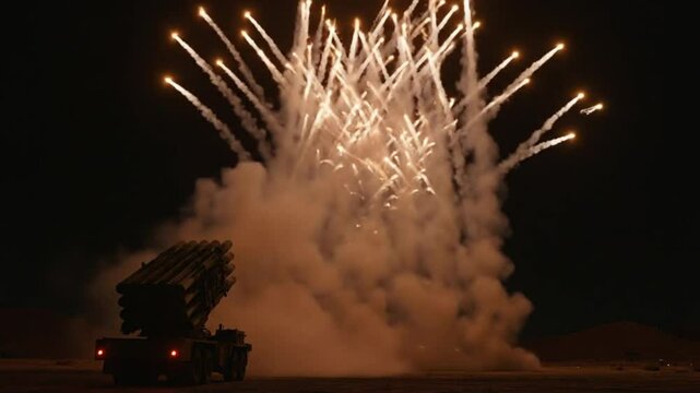 Multiple Rocket Launch System (MRLS) Firing at Night &mdash; Full Salvo in Slow Motion