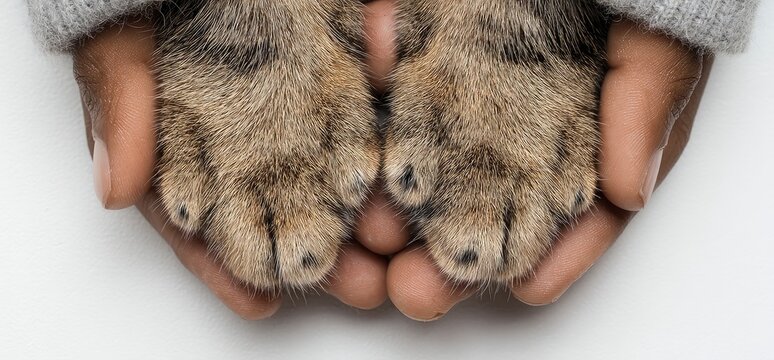Hands hold two furry cat paws with black toe beans