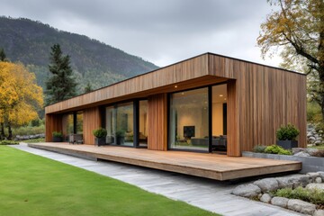 Obraz premium Modern wooden house exterior with large windows overlooking scenic mountain view in autumn