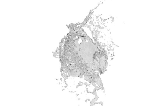 A grayscale image depicts a turbulent, amorphous mass resembling a cloud of smoke or a splash of liquid. The form is irregular, with wispy tendrils extending outward