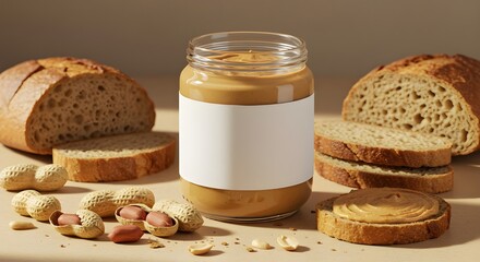 Jar of peanut butter with blank label, whole peanuts, and sliced bread on neutral background. Perfect for packaging mockups, branding, ads, or breakfast food themes