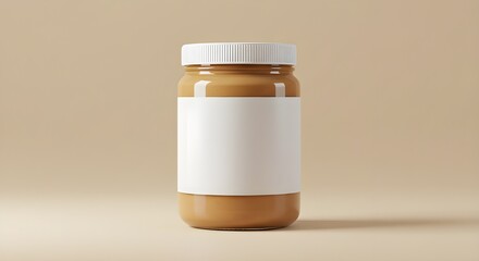 Peanut butter jar with blank white label on beige background. Ideal for packaging mockups, branding design, advertising, or product presentations.