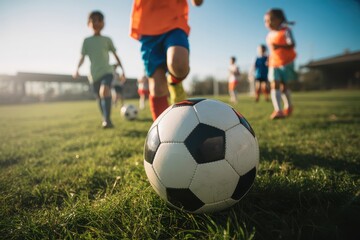 Obraz premium Kids play soccer on the grass field with a white and black soccer ball in the foreground outdoors