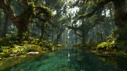 Fototapeta premium Pristine Wilderness: The Beauty and Resilience of Untouched Nature in its Purest Form, Where Flora and Fauna Thrive in Harmony Beneath the Verdant Canopy