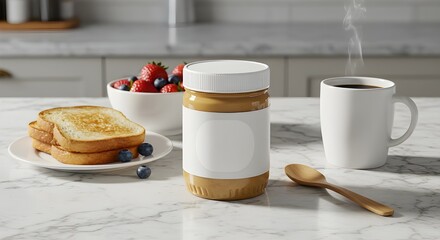Peanut butter jar with blank label on kitchen table with toast, berries, and hot coffee. Ideal for packaging mockups, breakfast themes, food ads, or branding design