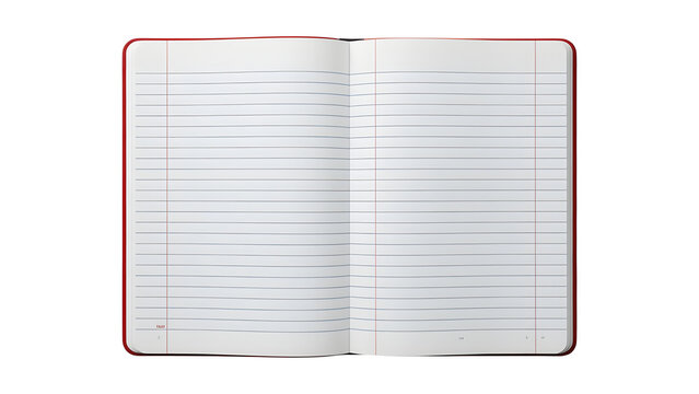 Open notebook journal mockup template with lined paper for writing notes planning or sketching design on transparent background