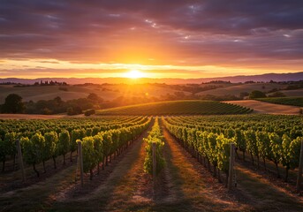 Fototapeta premium A vineyard landscape at sunset.
