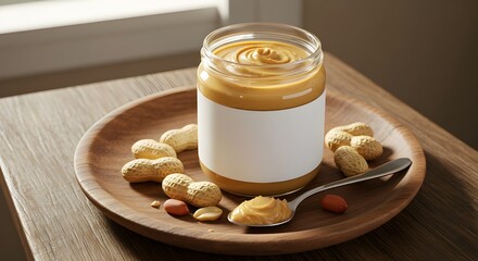Jar of peanut butter with blank label on plate with peanuts and spoon. Cozy indoor scene, perfect for packaging mockups, branding, or food advertisements