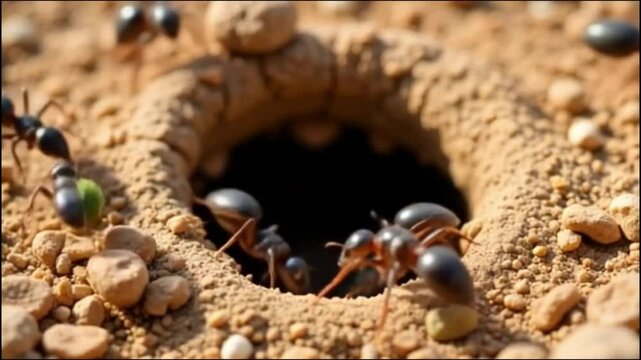 Macro Shot of Ants Carrying Debris Around Nest Opening in Dry Soil with Natural Light in 4K