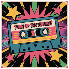 Retro cassette tape with colorful starburst background